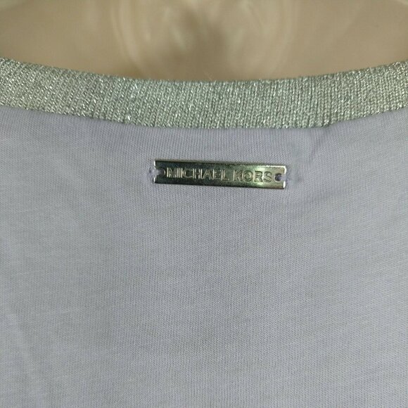 Michael Kors Knit Top Shirt Women Size XS Purple Lilac Silver Neckline Bell Slv - Picture 5 of 6
